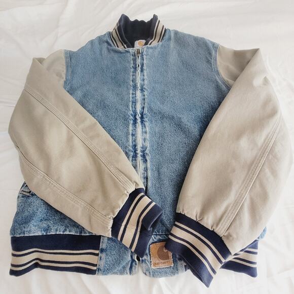 Vtg Carhartt Jacket Mens L Blue Denim Varsity Detroit Collegiate Bomber USA Made - Picture 5 of 16